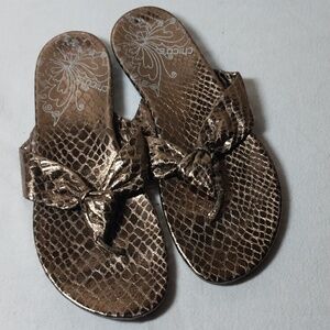 Chico's Bronze Metallic Snake Print Knotted Flip Flop Sandal Size 6